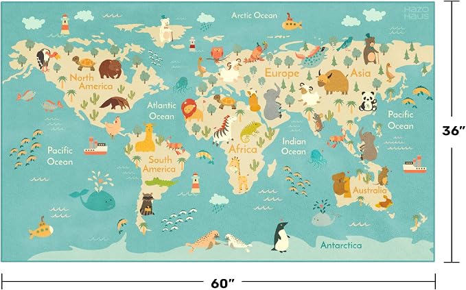 3x5 Play Mat for Kids Playroom - Colorful World Map Rug for Kids, Small Soft Educational Play Rug with Cute Animals by Continent, Washable Stain Resistant Foldable for Toddler Bedroom - Blue