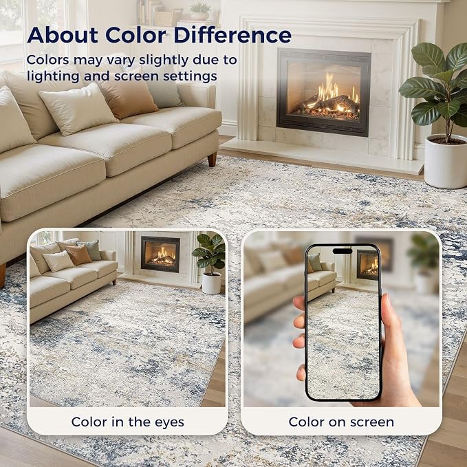 DMOYEST Area Rug Living Room Rugs - 10x12 Large Soft Indoor Neutral Modern Abstract Low Pile Washable Rug Carpet for Bedroom Dining Room Farmhouse Home Office - Beige Blue