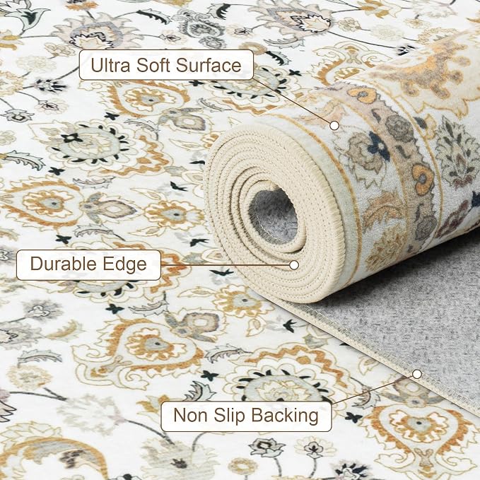 Round Area Rug for Living Room: 4 ft Washable Vintage Boho Soft Thin Circle Rug Indoor Floor No Slip Stain Resistant Carpet for Bedroom Dining Room Farmhouse Nursery Home Office - Beige