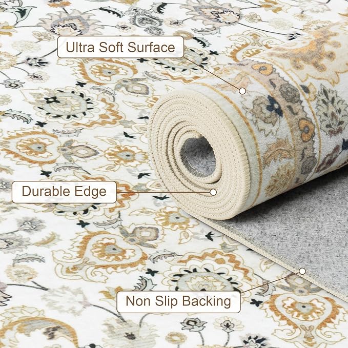 8x10 Area Rugs for Living Room: Washable Rug Soft Vintage Boho Carpet Indoor Floor Non-Slip Stain Resistant Floral Large Carpets for Bedroom Dining Room Farmhouse Nursery Home Office Beige