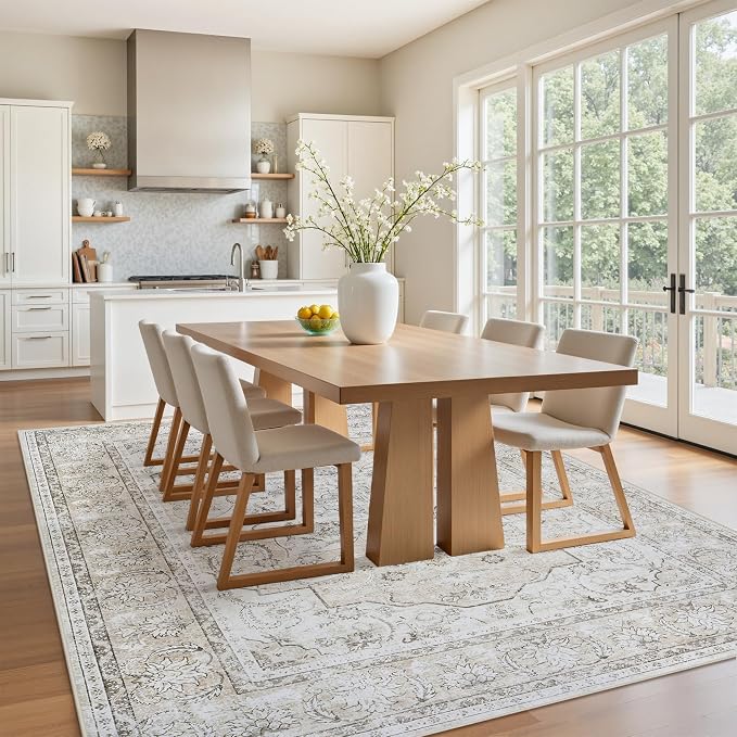 5x7 Area Rugs for Living Room:Beige Washable Vintage Medallion Carpet Non-Slip Soft Low Pile Large Rugs Indoor Retro Rug for Bedroom Nursery Dining Table Office Home(Beige White, 5'x7')
