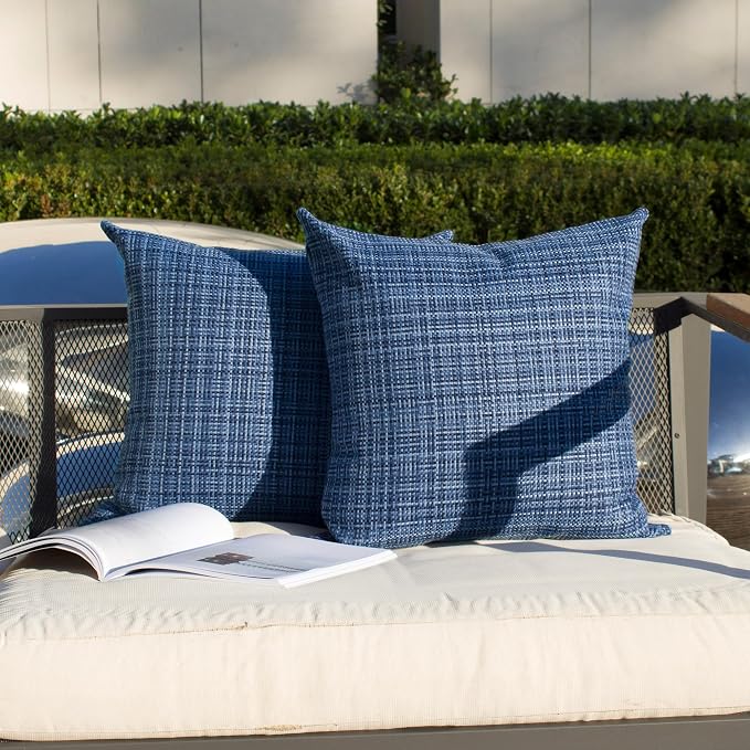 Kevin Textile Outdoor Waterproof Throw Pillow Covers 26x26 Inch Pack of 2 Woven Faux Linen Farmhouse Decorative Euro Shams Water Resistant Cushion Covers for Tent Patio Garden Couch Sofa Navy Blue