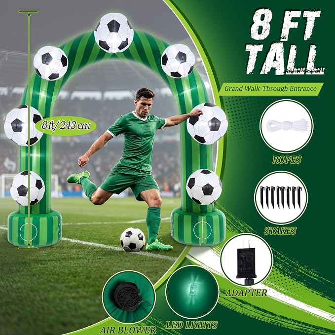 Jenaai 8ft Giant Soccer Inflatable Arch, Blow up Soccer Goal Outdoor Yard Decorations with Built in LED Lights for Fans Field Club Senior Night Sports Tournament Photo Prop Birthday Party Decor