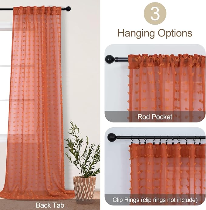 Burnt Orange Sheer Curtains 84 Inches Long Terracotta Curtains for Living Dining Room Bedroom 2 Panels Back Tab Boho Farmhouse Style Pom Pom Tufted Window Drapes Semi Sheer Fall Decor Curtain 52x84