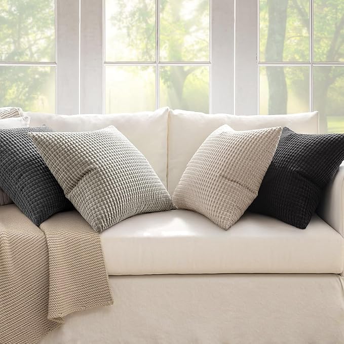 MIULEE Neutral Cream/Grey Decorative Pillow Covers 18x18 Inch Set of 4 | Boho Western Farmhouse Throw Pillows Corduroy Couch Pillowcases Industrial Home Decor for Sofa Living Room Bed