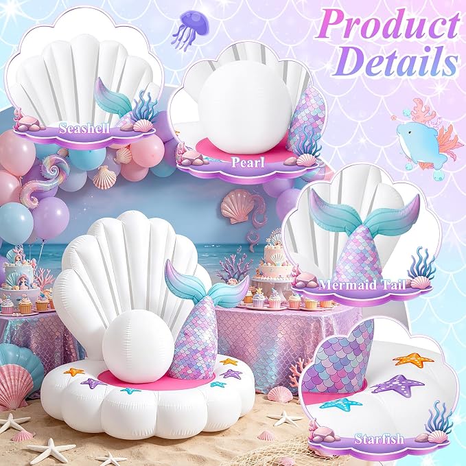 4.6FT Inflatable Seashell with Mermaid Tail for Summer Outdoor Decor, Blow Up Seashell Built-in 3 LED Lights for Mermaid Birthday & Pool Beach Ocean Party Decorations, Yard Garden Indoor Photo Props