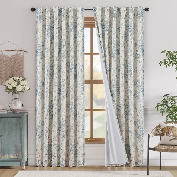 jinchan Blackout Floral Curtains for Living Room Bedroom Linen Blend Curtain Farmhouse Blue Printed with Lined Back Tab Rod Pocket Drapes Window Treatments 2 Panels 84 Inch
