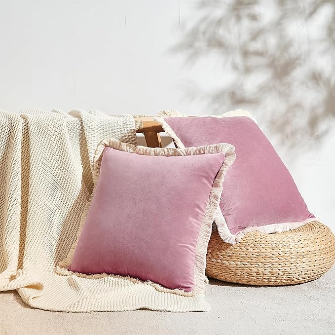 MONDAY MOOSE Decorative Throw Pillow Covers Cushion Cases, Set of 2 Soft Velvet Modern Fringe Tassel Designs, Mix and Match for Home Decor, Pillow Inserts Not Included (20x20 inch, Dusty Pink)