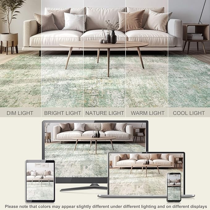 DMOYEST Area Rug Living Room Rugs - 6x9 Washable Large Soft Indoor Neutral Modern Abstract Low Pile Rug Carpet for Bedroom Dining Room Farmhouse Home Office - Green Grey