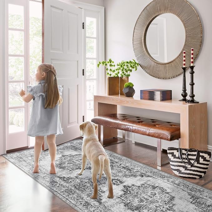 Area Rug 2x6 Runner Rugs: Washable Vintage Hallway Rug Indoor Medallion Rugs Low Pile Distressed Floor Carpet Retro Accent Rug for Kitchen Bedroom Bathroom Dining Room(Black, 2'x6')