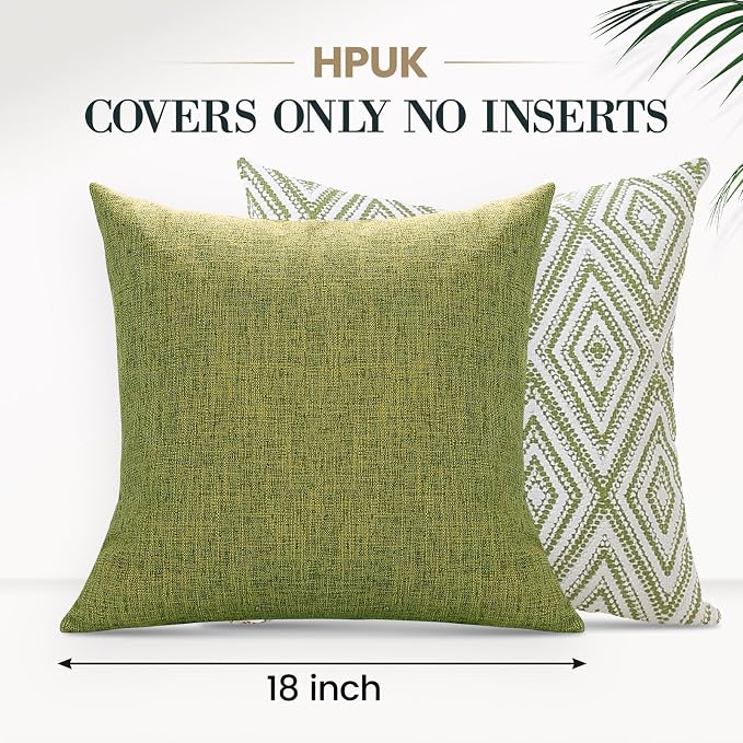 HPUK Throw Pillow Covers 18x18 Inch Set of 4, Linen Decorative Pillow Covers, Accent Cushion Covers for Couch Sofa Bed Bedroom Living Room Décor, Green