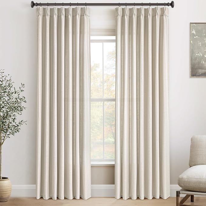 94 Inch Linen Curtains 2 Panel Set for Living Room Natural Beige Pinch Pleat Curtain Memory Trained with Hook Farmhouse Rustic Canvas Textured Semi Sheer Light Filtering Pleated Drapes 94 Long Apricot
