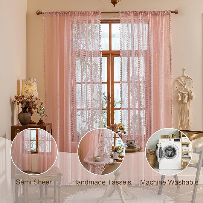 Sutuo Home Boho Sheer Curtains 96 inches Long for Living Room Dining Room, Lace Curtains Farmhouse Crochet Vintage Chic Princess Drapes Tassels Valentine's Decor Rod Pocket, 2 Panels 50" W,Light Pink