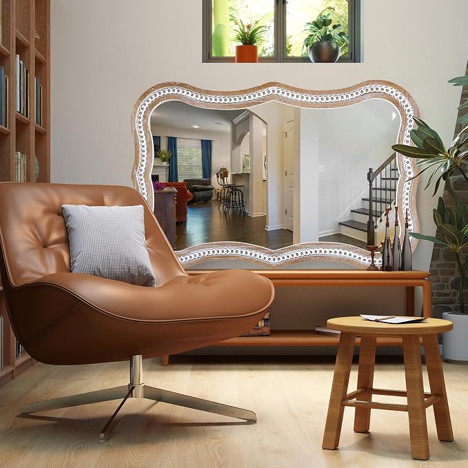 36x24 Inch Wavy Mirror for Wall Decor, Wooden Bathroom Decorative Mirrors | Hang Vertically or Horizontally to Fit Living Room, Entryway, Sideboards, Dresser, Hallway, Foyer or Rental Spaces