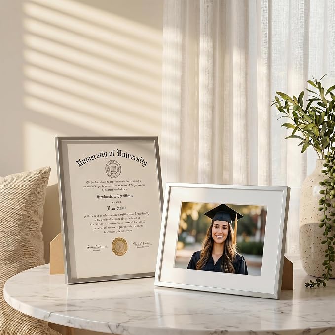 8.5x11 Certificate Frame, Aluminum Diploma Frame for Document, Silver | Sleek Silver Document Frame with 6x8 Opening for Diploma, Certificate, Award & Letter Size Photo | Wall Kit Included