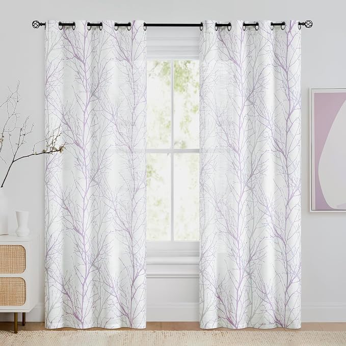 FMFUNCTEX Linen Semi Sheer Curtains for Bedroom, Lilac White Curtains 72 Inches Long for Living Room, Grey Tree Branch Patterned Curtain Light Filtering Farmhouse Window Drapes, Grommet Top 2 Panels