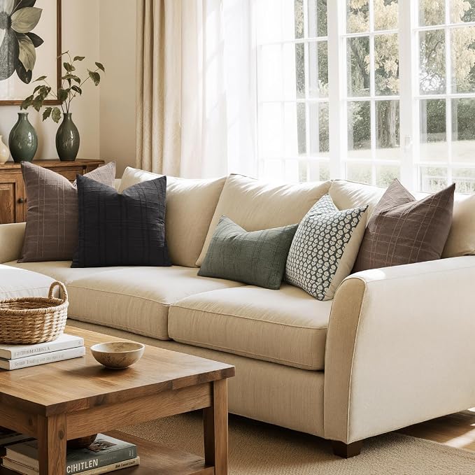 MIULEE Decorative Linen Check Lumar Throw Pillow Covers Neutral Farmhouse Vintage Spring Pillow Covers 12x20 Set of 2 Boho Modern Home Decor for Sofa Couch Bedroom Cushion Olive Green
