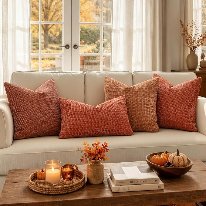 MIULEE Pack of 2 Fall Burnt Orange Decorative Pillow Covers 16x16 Inch Soft Chenille Couch Throw Pillows Farmhouse Cushion Covers for Home Decor Sofa Bedroom Living Room