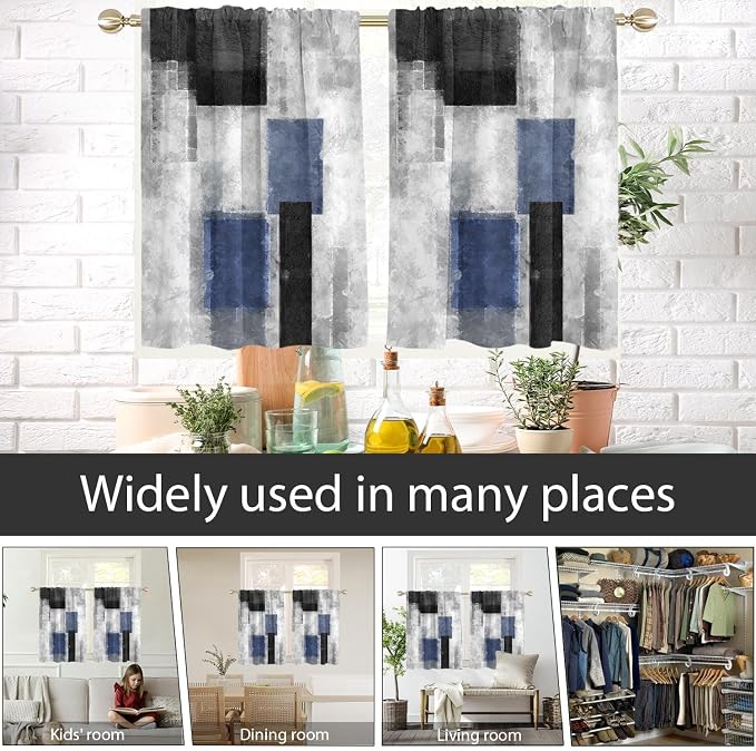 AAtter Blue Black Grey Window Curtain for Kitchen Navy White Gray Abstract Geometric Aesthetic Minimalist Living Room Bedroom Bathroom Drapes Treatment Tiers Fabric 1 Pair, 27.5" W x 45" L, Modern