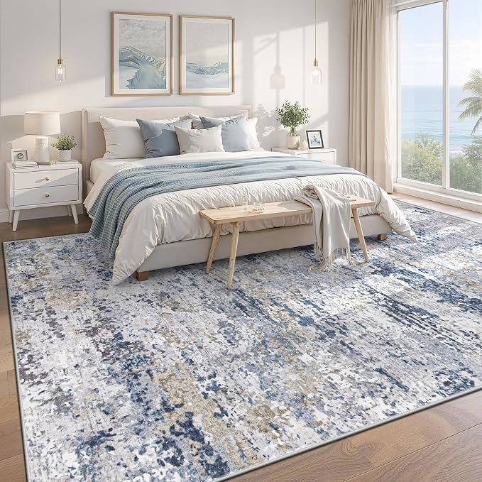 9x12 Area Rugs for Living Room: Washable Abstract Neutral Rug Large Modern Soft Non Slip Low Pile Rugs Floor Indoor Stain Resistant Carpet for Bedroom Dining Room Home Office (Blue, 9'x12')