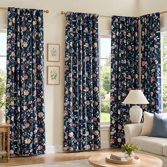 jinchan Hattie Dark Blue Floral Blackout Curtains 96 Inch Length – Room Darkening Drapes for Bedroom, Home Office & Study, Elegant Vintage Floral, Cozy Light Blocking, Set of 2 Panels Back Tab