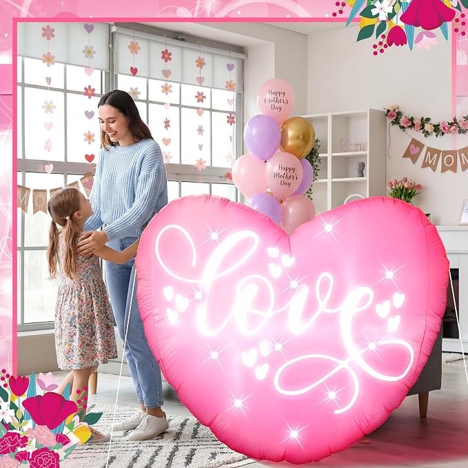VIHOSE 3.9 Ft Mother's Day Inflatables Decoration Love Blow Up Decor Heart LED Lights Inflatable Decor for Outdoor Yard Garden Lawn Decoration Mom Gifts Party Supplies