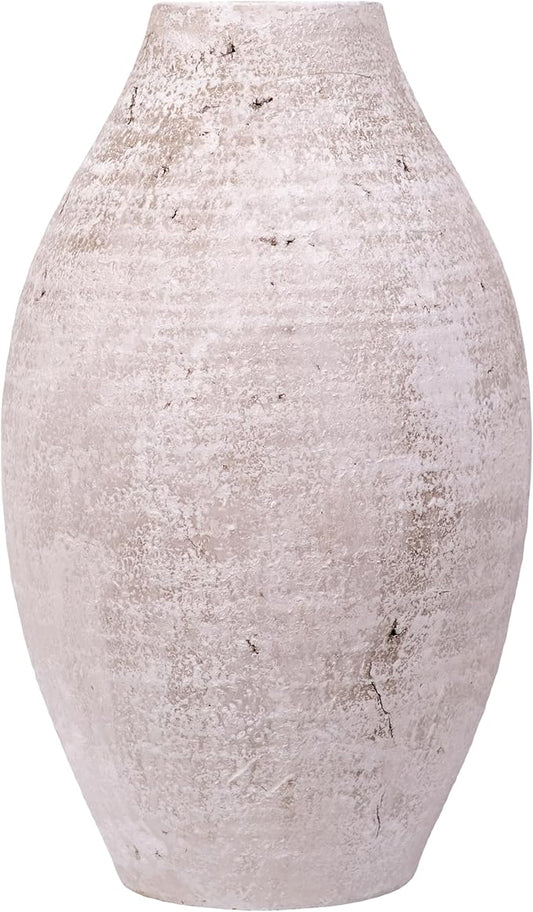 17 Inch Tall Artisan Clay Floor Vase, Weathered Antique Pottery, Layered Matte Finish, Waterproof Narrow Mouth, Farmhouse Entryway Corner Home Ornament