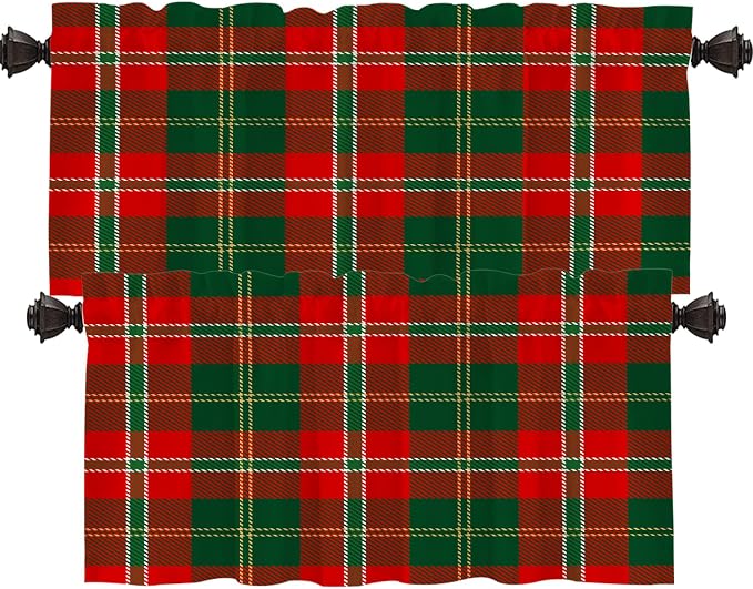 Shrahala Red Green Checkered Blackout Short Curtains for Windows, Red Green Black Yellow Check Plaid Kitchen Valance Thermal Insulated Rod Pocket Window Treatment for Bathroom 2 Pack 52 X 18 in