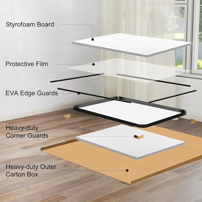 CIRCUMI Black Bathroom Mirror, 42"x42" Rectangular Mirror with Deep Metal Frame, Rounded Corner, Tempered Glass, Mirror for Wall, Oversink, Bedroom, Installed Vertically/Horizontally, Crystal-Clear