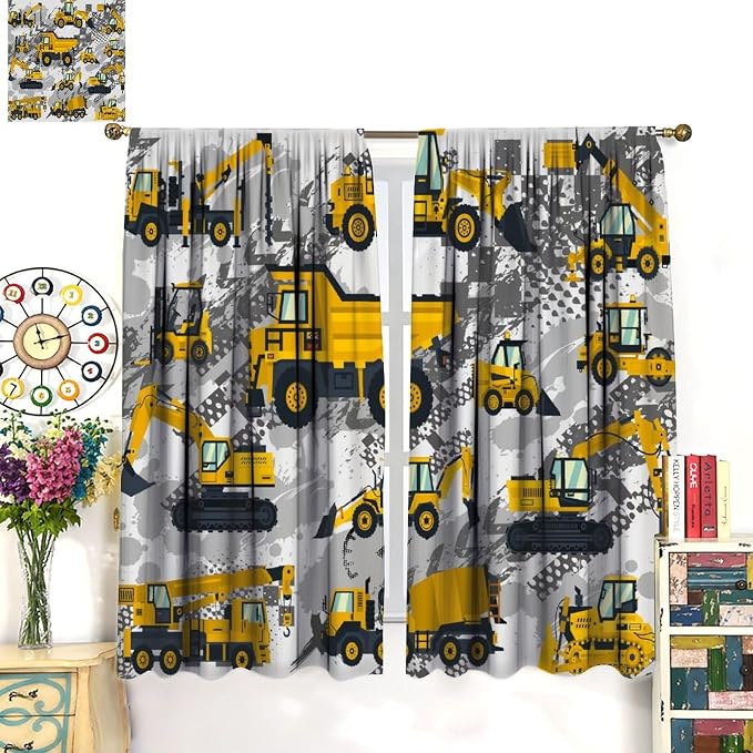 Kids Cartoon Car Curtain Yellow Vehicle Graffiti Excavator for Boys Kids, Window Treatments Curtains Bedroom Cafe Dining Room Living Room Kitchen Office Drapes Decor, 42x45 in