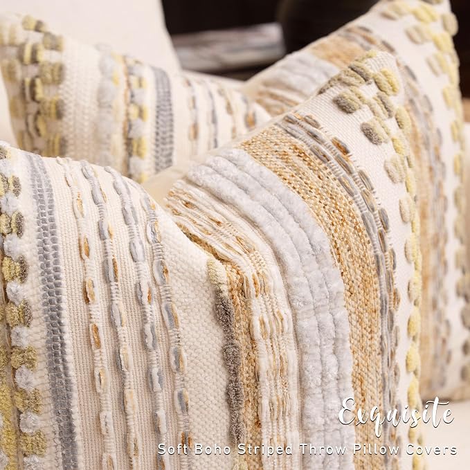 Boho Chenille Tufted Throw Pillow Covers 18x18 Inch Set of 2 Farmhouse Yellow Woven Striped Decorative Pillowcases for Couch Sofa Bed