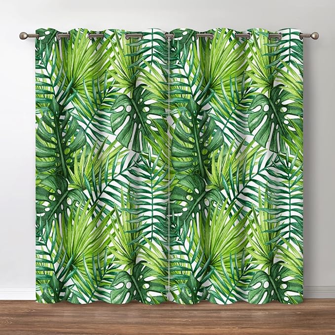 Jekeno Banana Leaf Blackout Curtains - Room Darkening Window Drapes Summer Palm Tree Green Banana Leaf Print Decor Home Bedroom Living Room Grommet Window Drapes 2 Panel Set, 52"x63"
