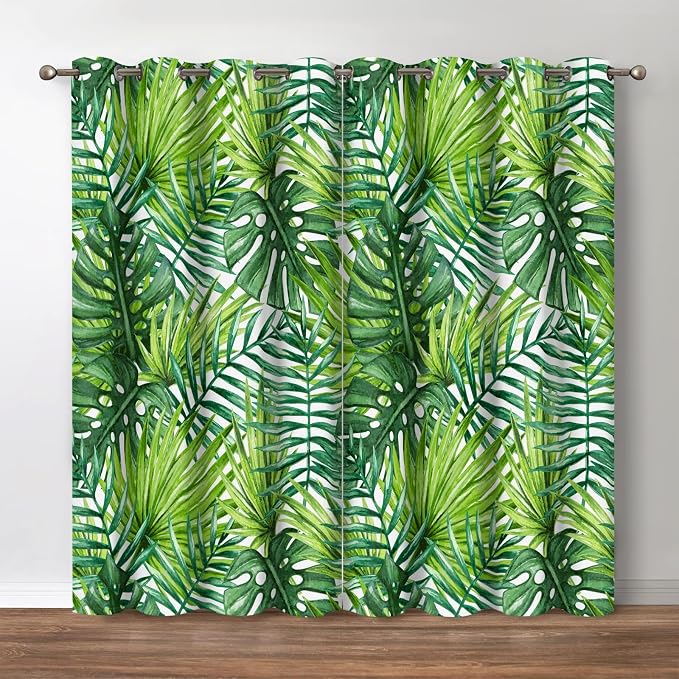 Jekeno Tropical Leaf Blackout Curtains - Room Darkening Window Drapes Nature Plants Green Leaves Theme Print Decor Home Bedroom Living Room Apartment Grommet Window Treatments 2 Panels Set, 52"x84"