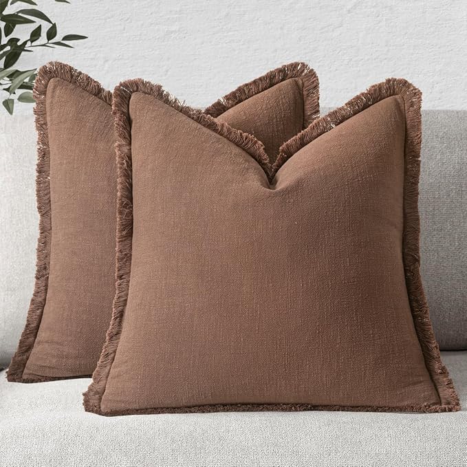 MIULEE Decorative Throw Pillow Covers Neutral Linen Fringe Throw Pillows Euro Shams Set of 2 Dark Coffee Boho Farmhouse Cushion Covers for Couch Sofa Bed Living Room Fall Home Decor 26x26 Inch