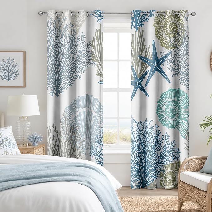 Blue Teal Coastal Window Curtains, Beach Nautical Starfish Coral Window Drapes Blackout Treatment Darkening Thermal Insulated Grommet for Living Room Bedroom Decor 2 Panels 52x96 Inches
