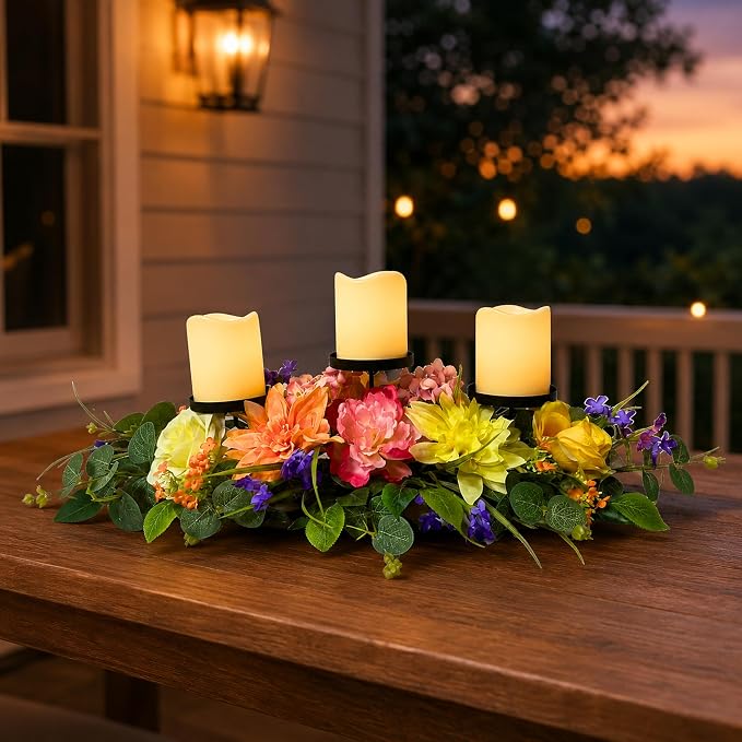 Svndlyn Spring Summer Candle Holder Centerpiece with Colorful Flowers | 3 Candle Plates, Peach Dahlia, Yellow Rose, Purple Flowers and Eucalyptus Leaves for Dining Table, Coffee Table and Mantel