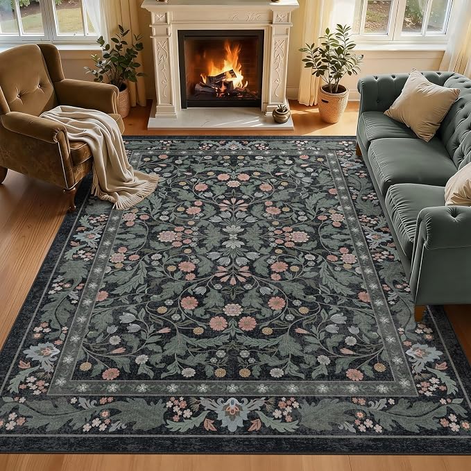 Floral 5x7 Area Rugs for Living Room, Machine Washable Vintage Rug Boho Low Pile Carpets Non Slip Soft Carpet for Farmhouse Bedroom Office Rugs, Kids Room, Nursery Room, Playroom, Dark Black Green