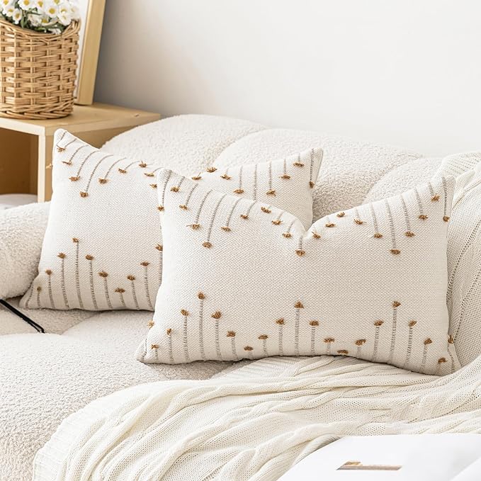 LILEPOY Boho Throw Pillow Covers 12x20 Set of 2 Neutral Decorative Textured Cushion Case Farmhouse Pillowcase Modern Lumbar Pillow Covers for Sofa,Couch, Living Room,Beige and Brown