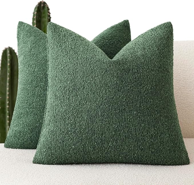 Foindtower Pack of 2 Textured Boucle Throw Pillow Covers Neutral Accent Solid Decorative Pillow Cases Cozy Woven Couch Cushion Case for Sofa Bedroom Living Room Home Decor 20x20 Inch Pine Green