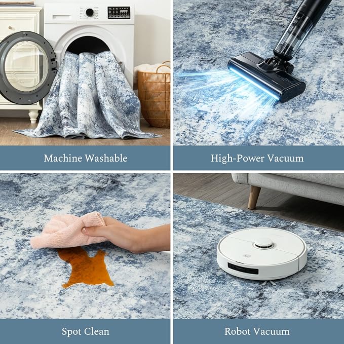 Rugflix 5x7 Area Rugs for Living Room, Washable Large Rug Stain-Resistant Low Pile, Modern Dark Carpet for Dining Room Home Office Kid Room Nursery Bedroom, Blue Grey/Black