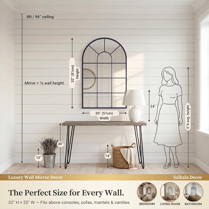 Blue Arched Windowpane Mirror 32x20 Inch, Decorative Mirrors for Wall Entryway Living Room, Farmhouse Arch Window Pane Mirror, Large Wall Mirror for Home Decor