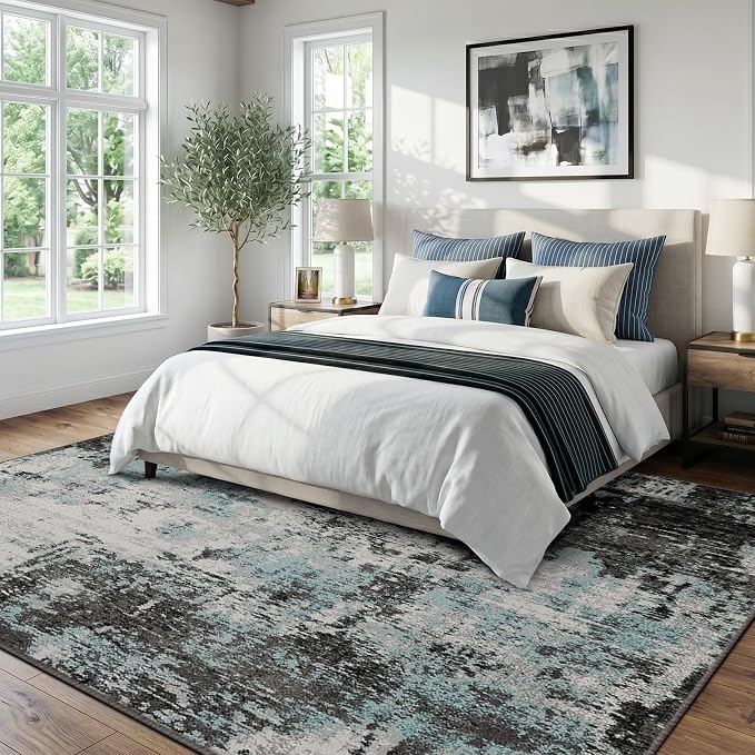 RELEANY Washable Area Rugs 8'x10' Non-Slip Modern Abstract Soft for Living Room Entryway Bedroom Kitchen, Print Pattern, Blue Black Teal