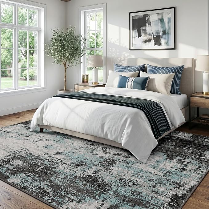 RELEANY Washable Area Rugs 9'x12' Non-Slip Modern Abstract Soft for Living Room Entryway Bedroom Kitchen, Print Pattern, Blue Black Teal