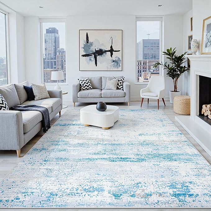 10x14 Area Rugs Washable Rug: Anti-Skid Abstract Modern Living Room Rug Soft Thin Carpets Indoor Floor Non-Shedding Carpet for Bedroom Dining Nursery Home Office (Light Blue/White/Beige,10'x14')