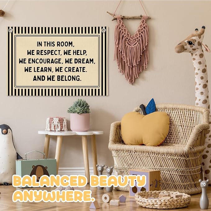Classroom Decor, Retro Classroom Wall Hanging Canvas Banner Prints, in This Room We Respect Help Striped Wall Art Decor for Kids Nursery Toddler Room Bedroom Playroom, 30x20 Inch