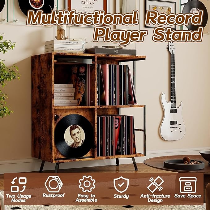 Faesun 3 Tier Flip Top Record Player Stand, Vinyl Record Storage Holds up to 300+ Albums, Large Record Player Cabinet, Vintage Turntable Stand with Vinyl Display, for Living Room Bedroom, Rustic Brown