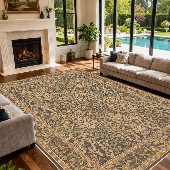 Extra Large 10x14 Area Rug for Living Room, Washable Rugs for Dining Room, Bedroom, Non Slip Stain Resistant Carpet, Low Pile Vintage Floral Rug (Goldenrod)