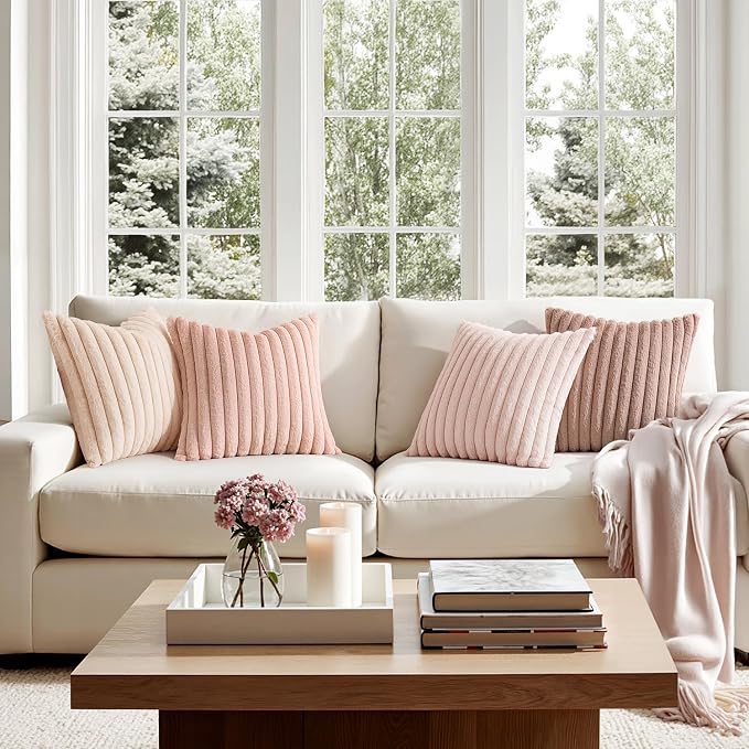 MIULEE Faux Fur Plush Decorative Throw Pillow Covers 24x24 Set of 4, Valentine's Day Cute Modern Soft Romantic Fuzzy Striped Cushion Covers Girl for Sofa Couch Bed Living Room Cozy Home Decor,Pink