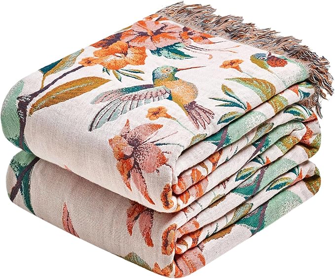 Boho Throw Blanket - 90"x108" 100% Cotton Ultra Soft Lightweight Spring Blanket, 4-Layer Breathable Muslin Blankets for Bed Couch, Reversible Blue Floral Bird Printed Bohemian Cotton Quilt