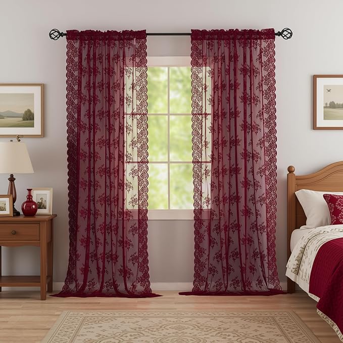 Kotile Burgundy Sheer Curtains 63 Inch Length 2 Panels Rustic Floral Cottagecore Maroon Lace Curtains for Bedroom, Rod Pocket Privacy Light Filtering Vintage Sheer Window Curtains, Each 42 x 63 Inch